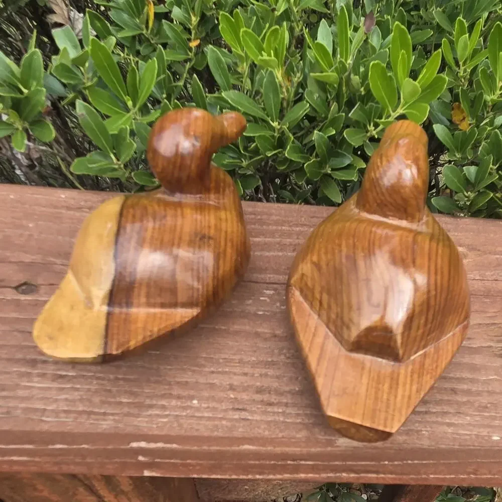 Vintage Carved Wood Duck Decoys Pair Mid Century Folk Art Rustic Lodge Decor